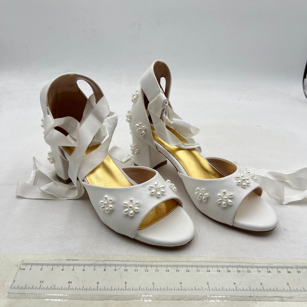 XYD White Open Toe with Bloom Pearl Flower Ribbon Ankle Strap Chunky Heel Sandal - Picture 4 of 8